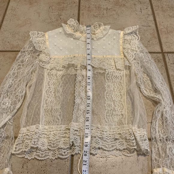 Vintage Romantic Ruffled Lace Blouse Victorian Edwardian Style Sheer Top S - Picture 6 of 6